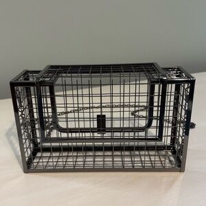 Dark Silver Metal Cage Purse Crossbody Chain Strap Open Modern Clear Bag Policy